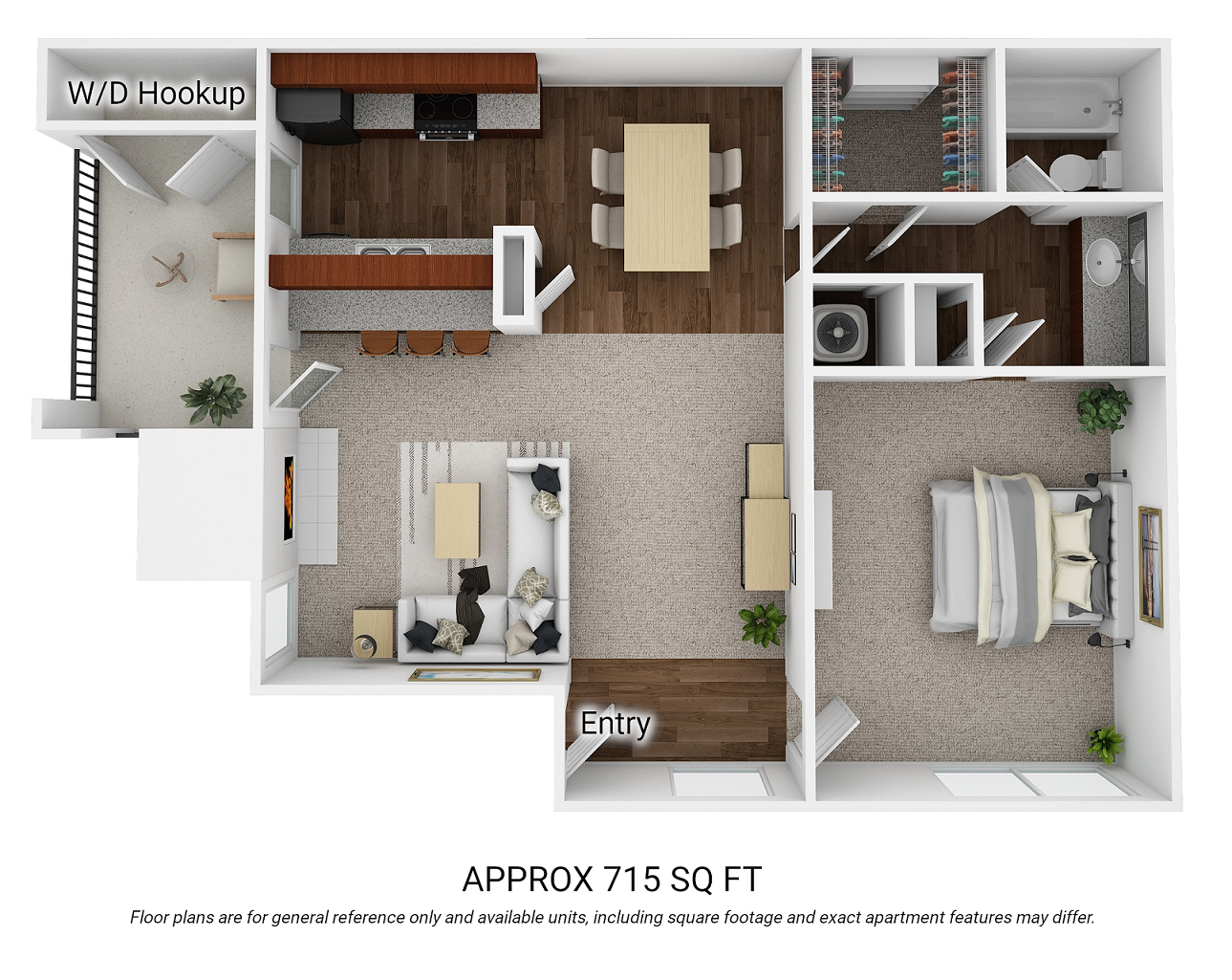 Floor plan for 1 bed, 1 bath, 715 sqft
